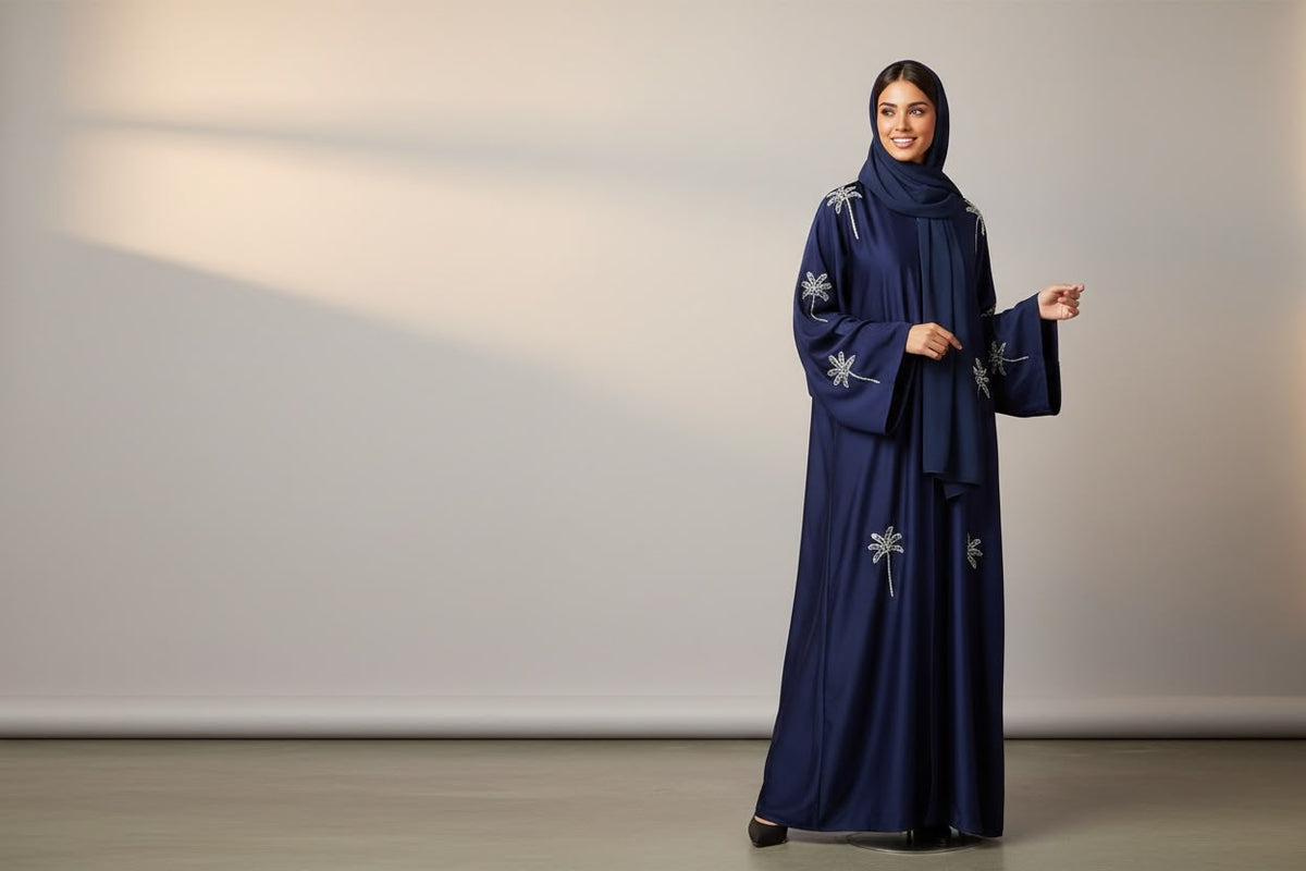 Navy embroidered abaya on model