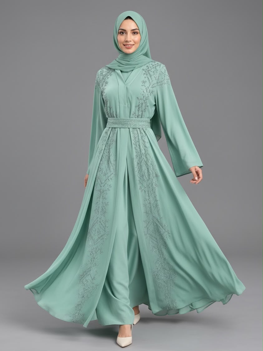 Woman wearing the Celeste embellished belted abaya in dusty rose
