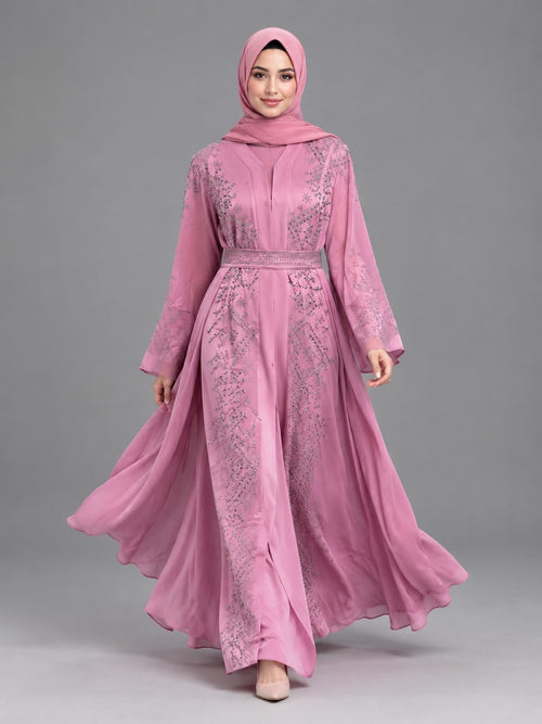 Woman wearing the Celeste embellished belted abaya in sage green
