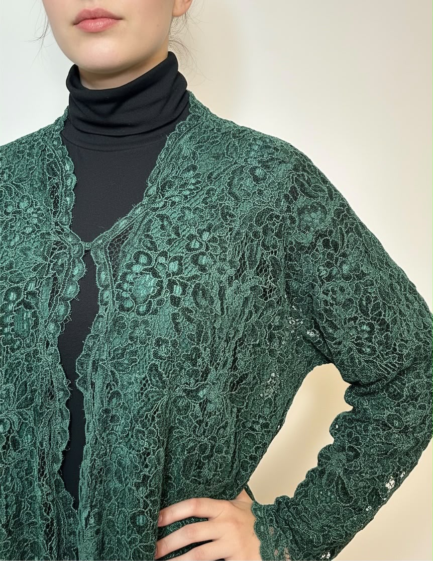 Lace Abaya with Chiffon Lining - Dark Green