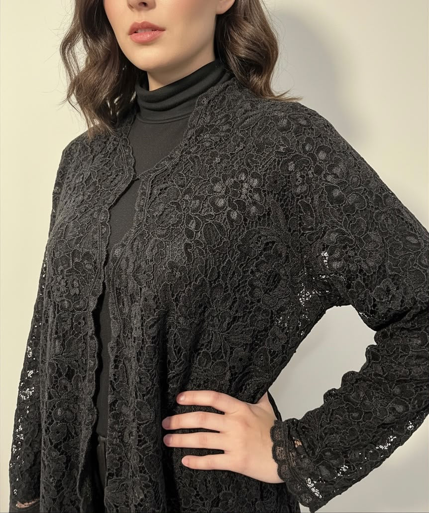 Lace Abaya with Chiffon Lining - Black