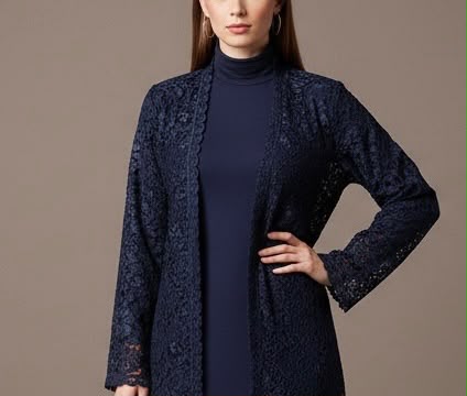 Lace Abaya with Chiffon Lining - Dark Blue