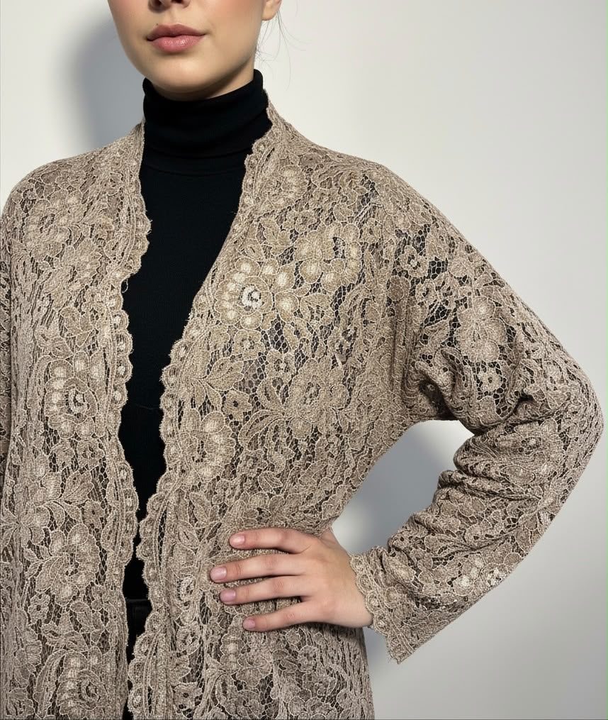 Lace Abaya with Chiffon Lining - Beige