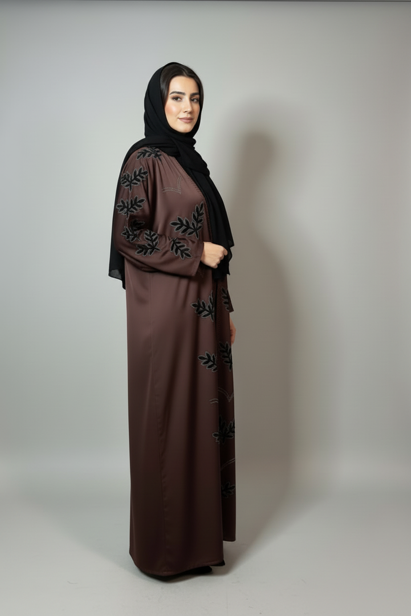Chocolate Brown Abaya - with black scarf and sleeve embroidery