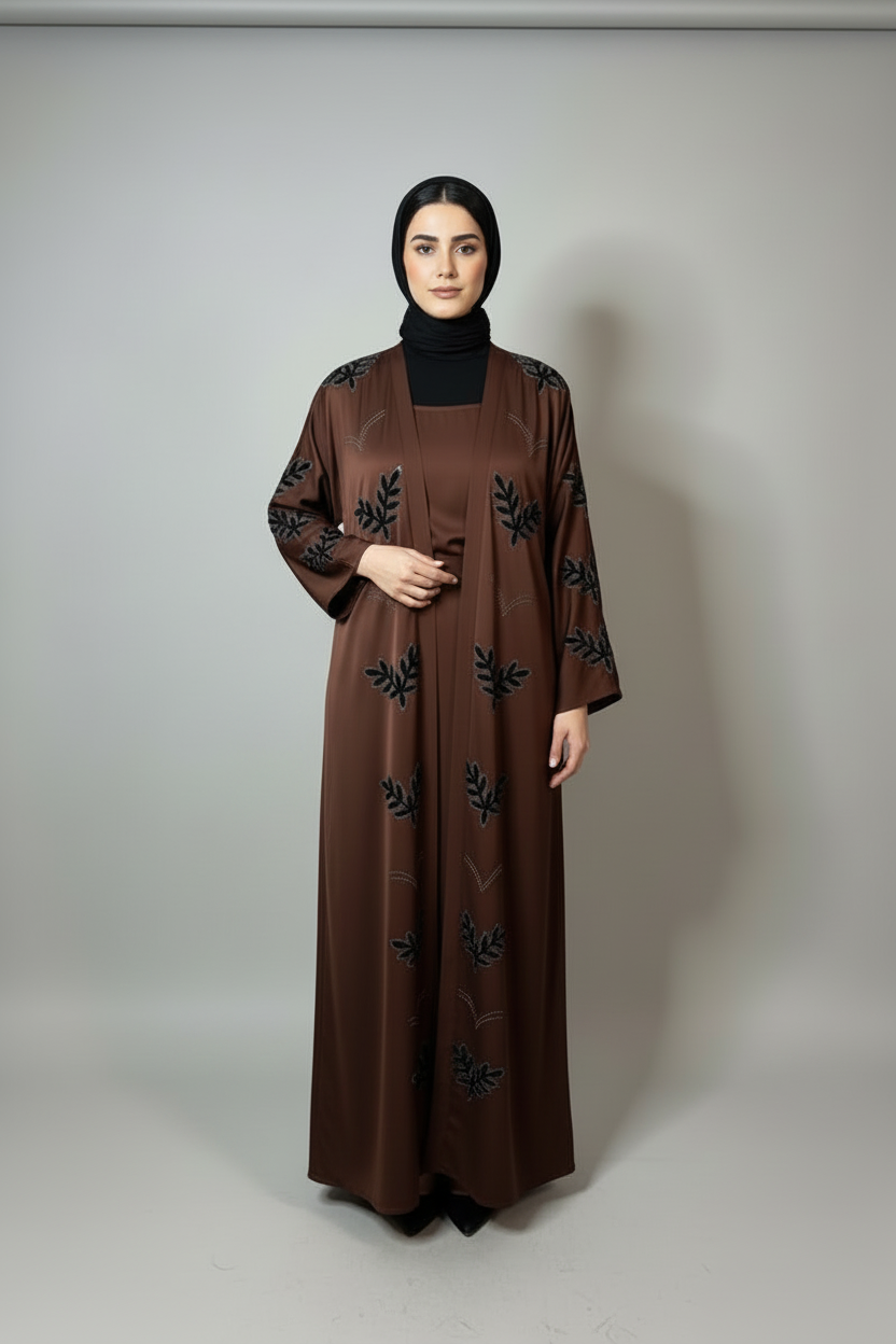 Chocolate Brown Embroidered Leaf Abaya with sleeve embroidery