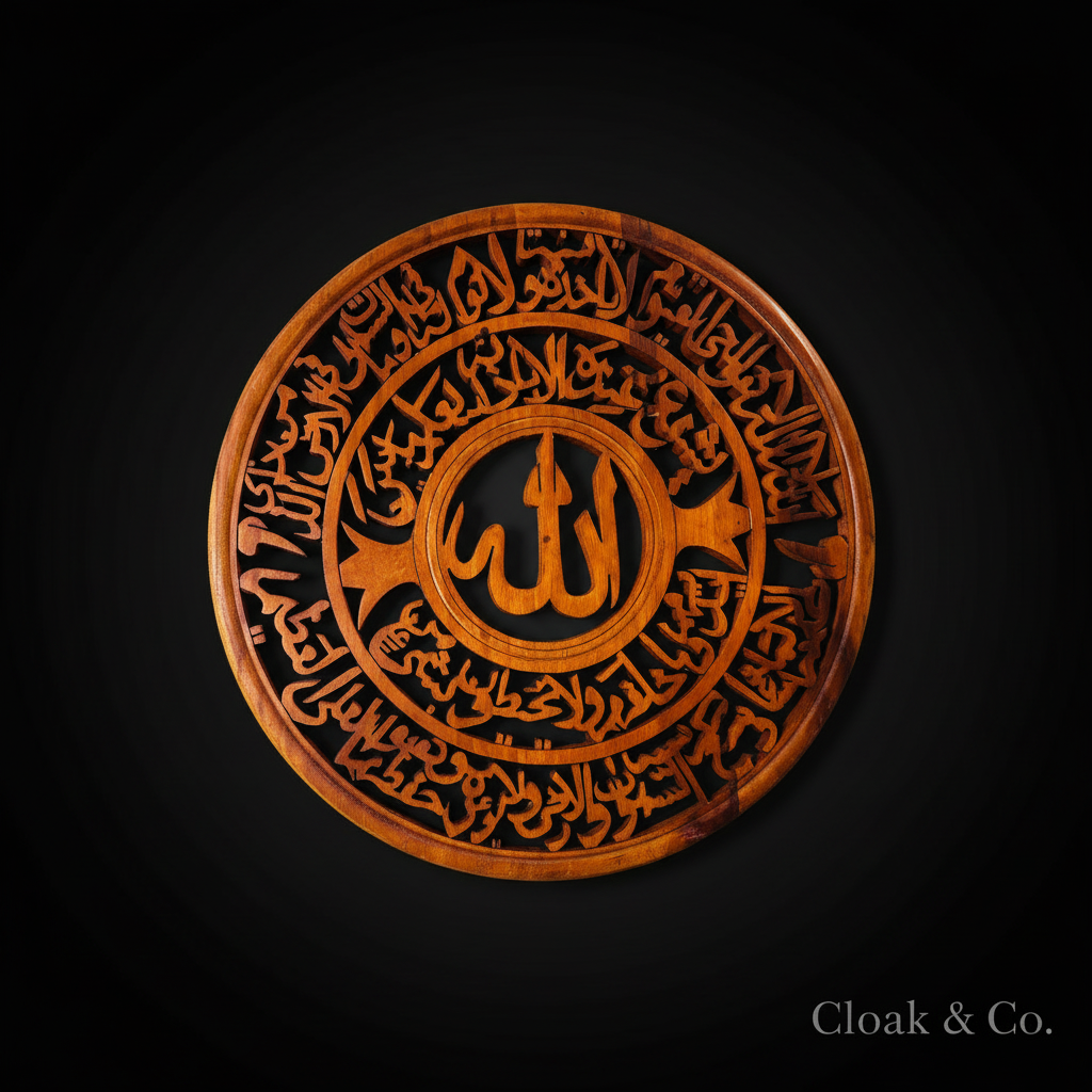 Allah Name and Ayatul Kursi circular hand-carved wood wall art on black background with Cloak & Co watermark