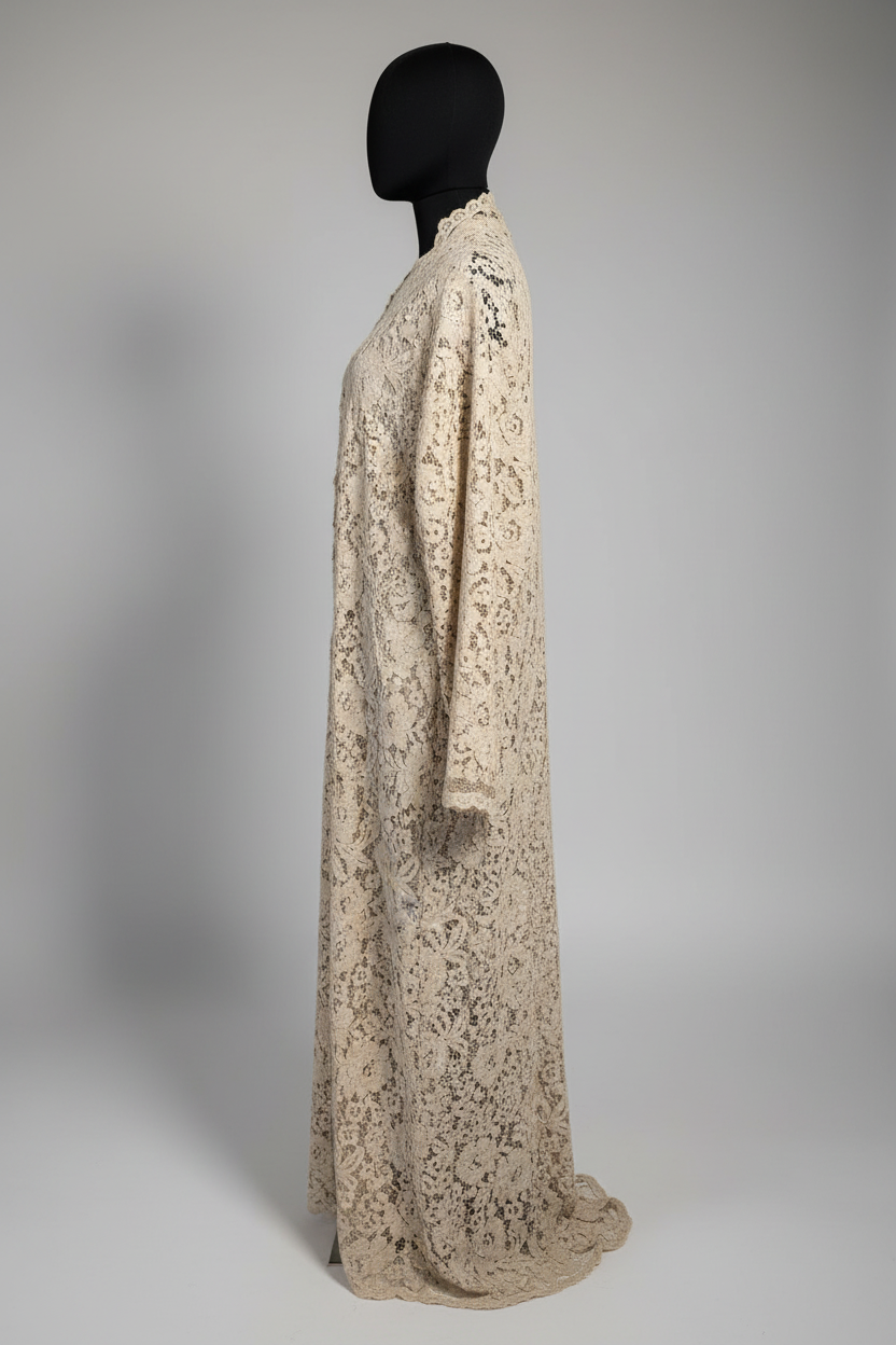 Cream lace abaya side view – studio background