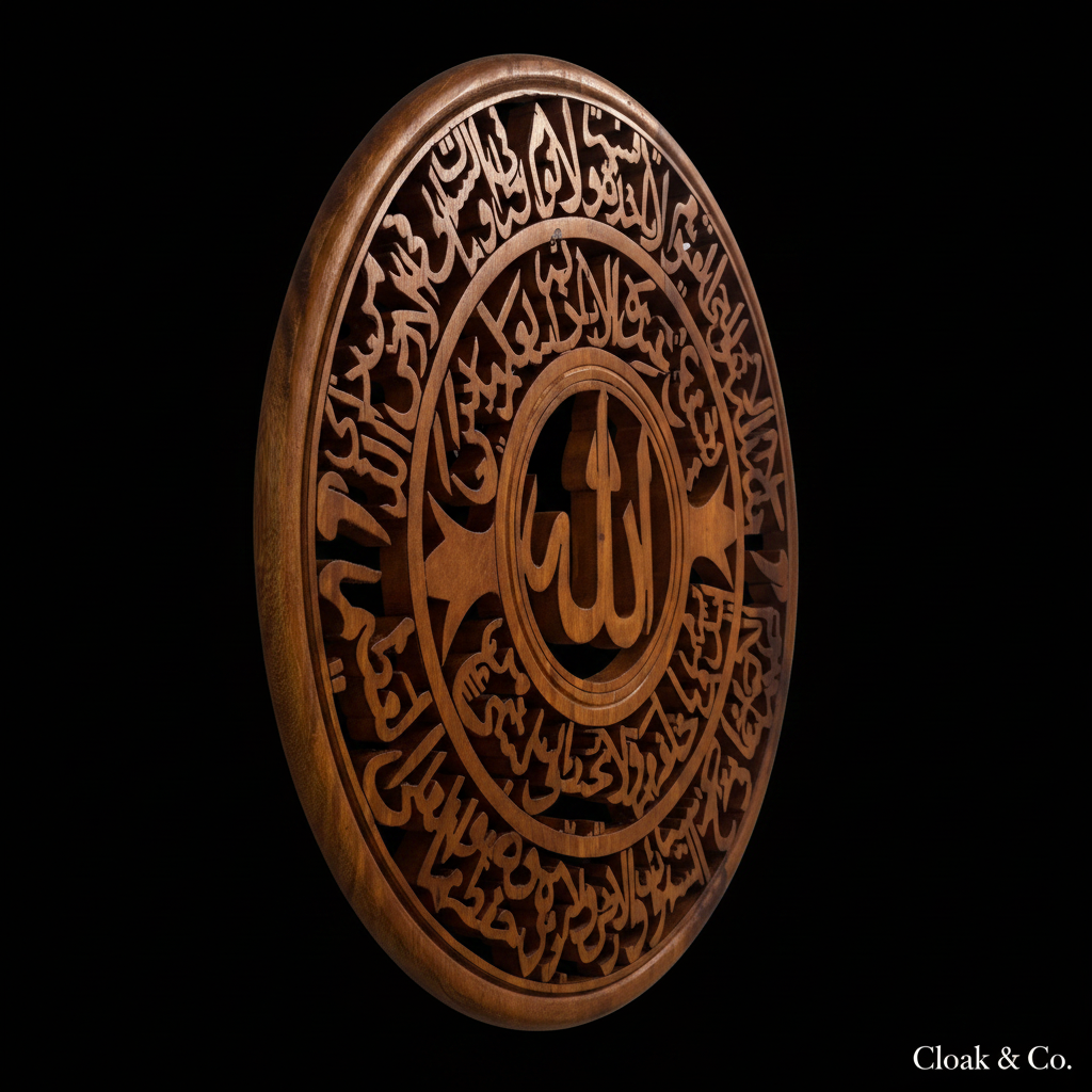 Allah Name and Ayatul Kursi wood wall art side profile on black background with Cloak & Co watermark