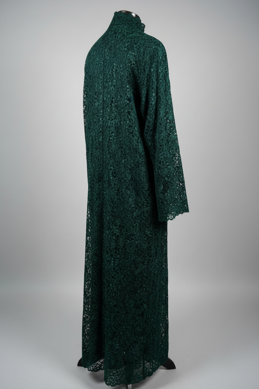 Dark green lace abaya angled view – studio background
