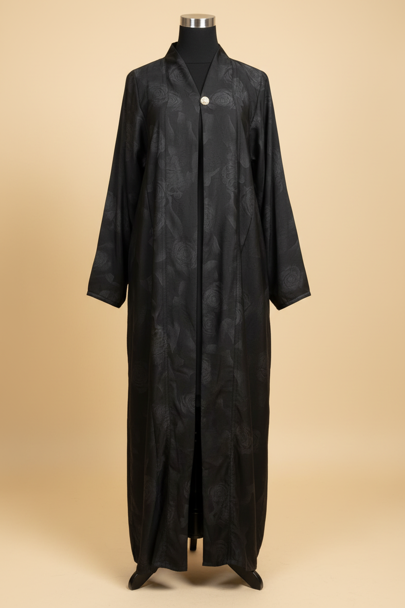 Black rose brocade abaya studio shot