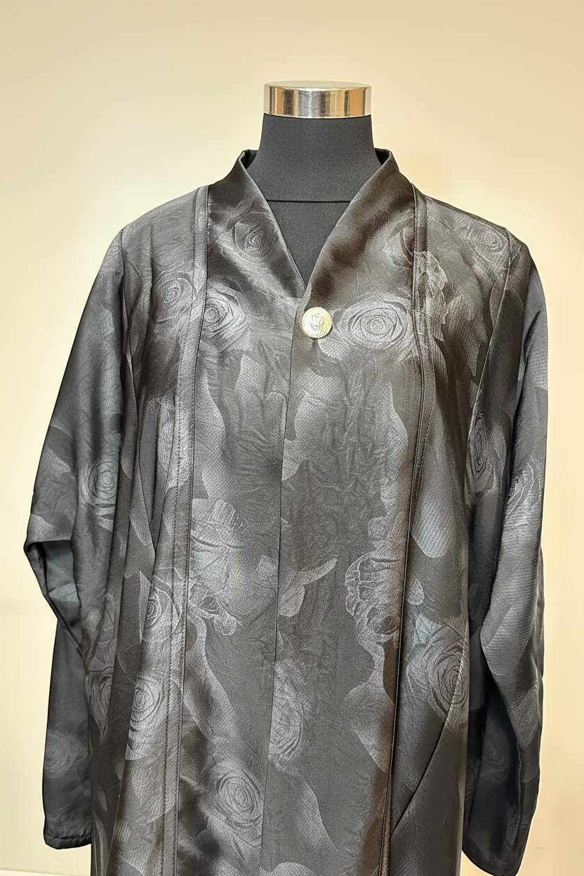Black rose brocade abaya neckline detail with clean cream studio background