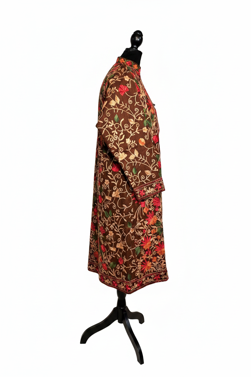 Kashmiri Aari Work Pheran Brown – side view, white studio background