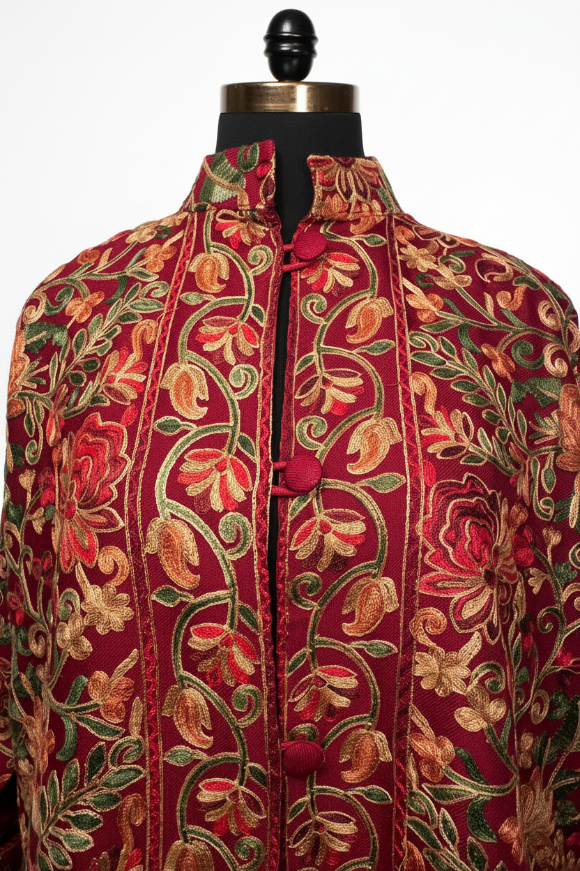 Kashmiri Aari Work Pheran Red – neckline detail, white background