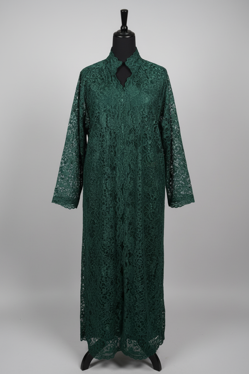 White lace abaya front view – studio background