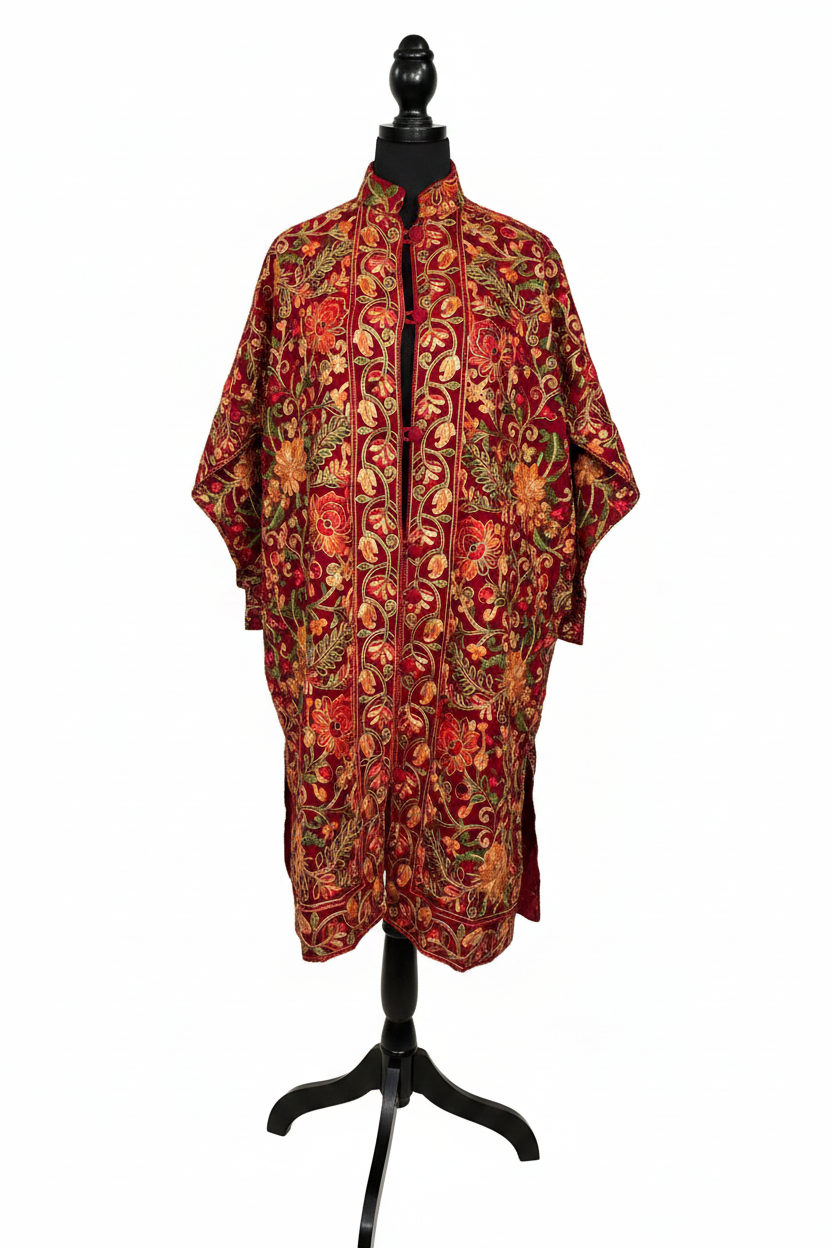 Kashmiri Aari Work Pheran Red – front view, white background