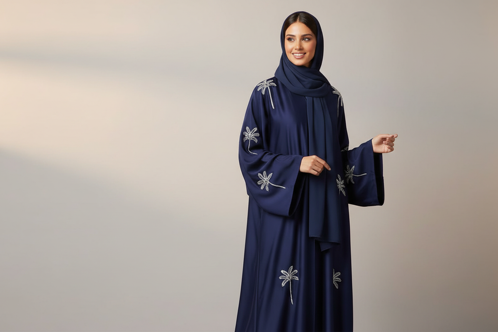 Close-up of navy embroidered abaya showing silver floral embroidery