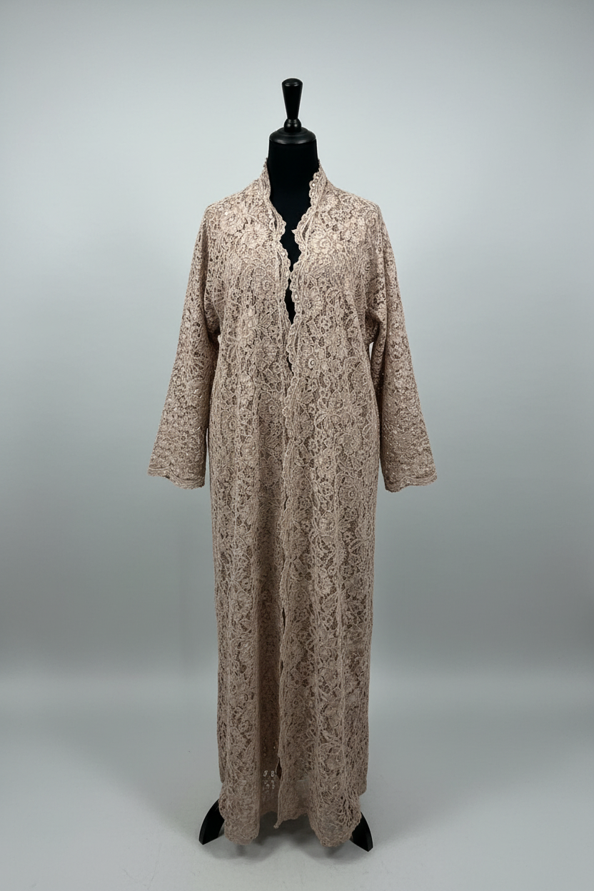 Beige lace abaya full length front – studio background