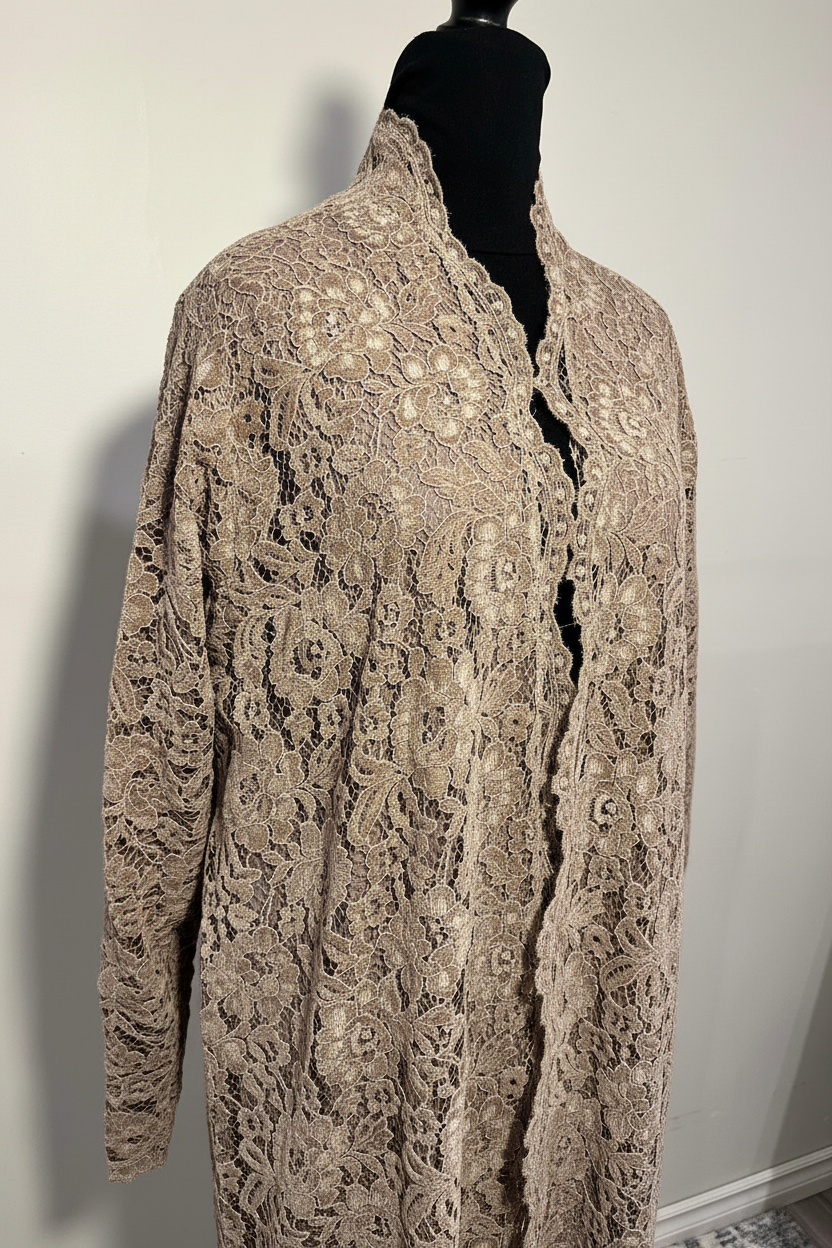 Beige lace abaya upper body close-up – studio background