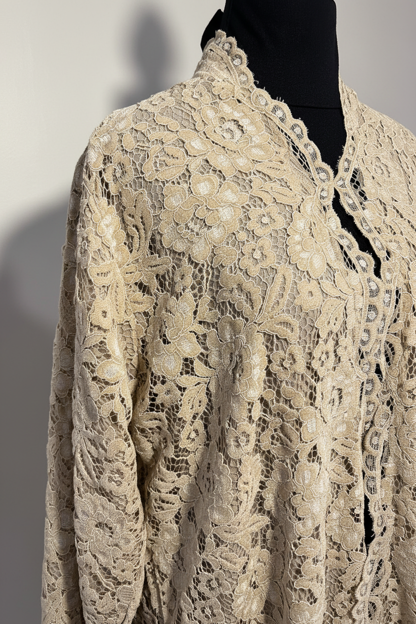 Cream lace abaya upper body close-up – studio background