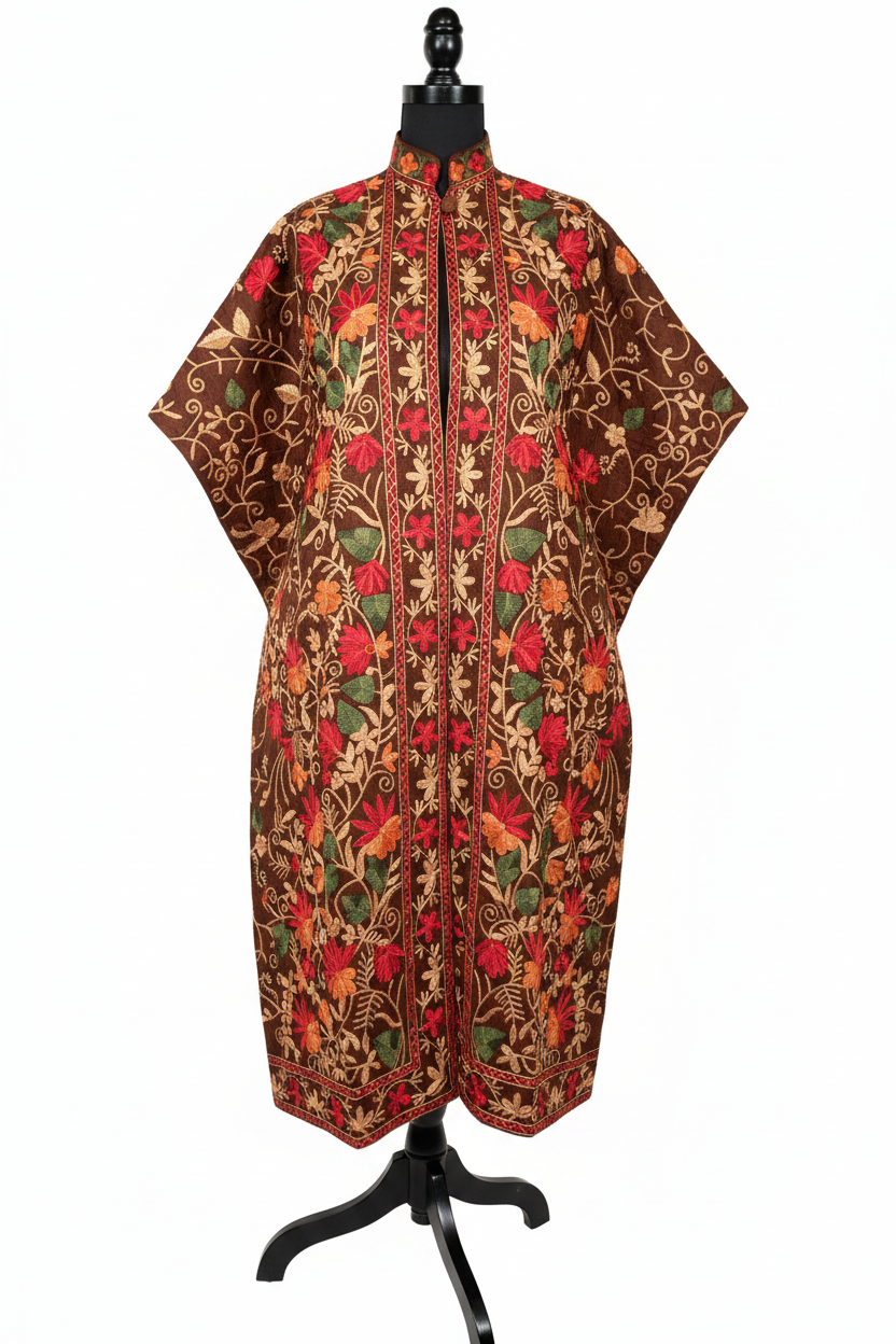 Kashmiri Aari Work Pheran Brown – front view, white studio background